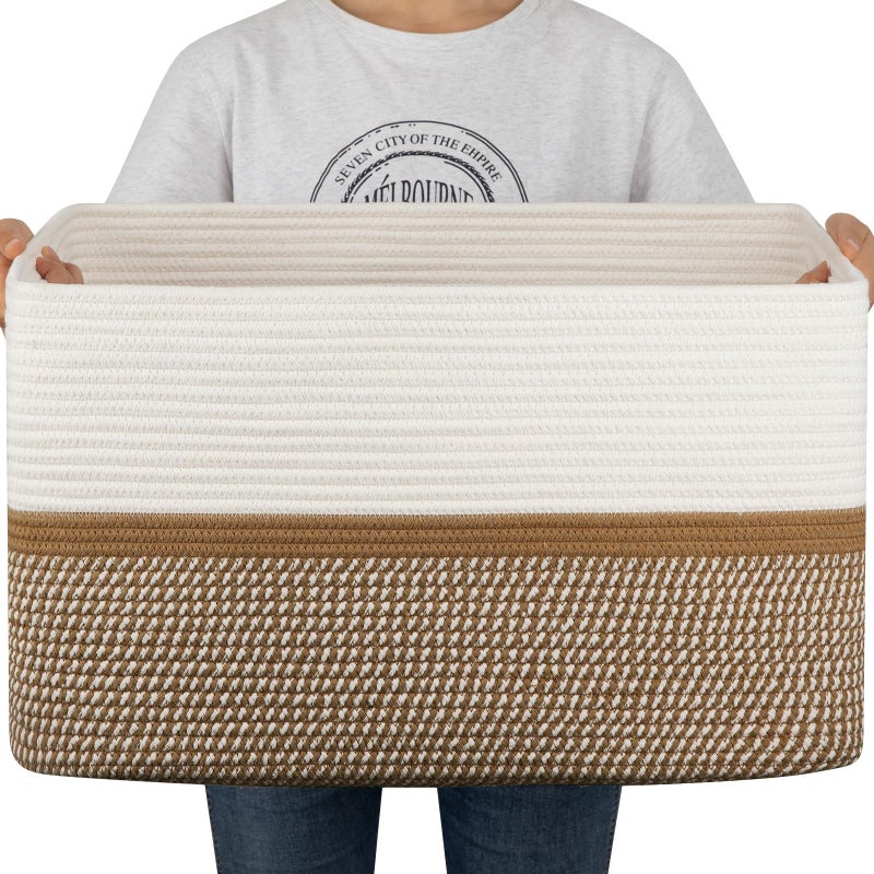 OIAHOMY Large Blanket Basket, 22â€x17â€x12â€ Rectangle Woven Baskets, Nursery Blanket Storage Living Room, Toy Storage With Handle, Large Baskets for Organizing-Yellow/White - Image 1