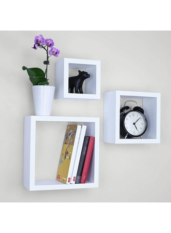 eBasket 3-piece floating wall shelf set  Made of solid wood, consisting of 3 cube-shaped units in different sizes for books, accessories, decorative items, and more (white color) - Image 1