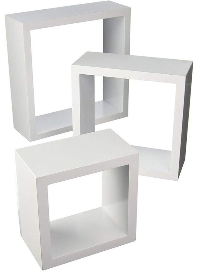 eBasket 3-piece floating wall shelf set  Made of solid wood, consisting of 3 cube-shaped units in different sizes for books, accessories, decorative items, and more (white color) - Image 3