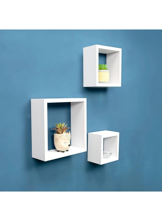 eBasket 3-piece floating wall shelf set  Made of solid wood, consisting of 3 cube-shaped units in different sizes for books, accessories, decorative items, and more (white color) - Image 5
