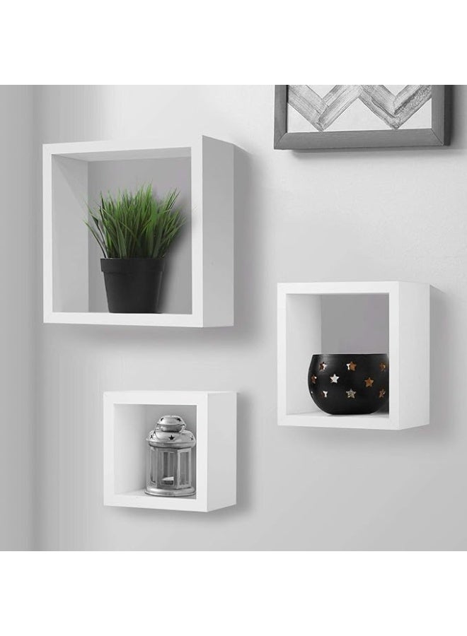 eBasket 3-piece floating wall shelf set  Made of solid wood, consisting of 3 cube-shaped units in different sizes for books, accessories, decorative items, and more (white color) - Image 2
