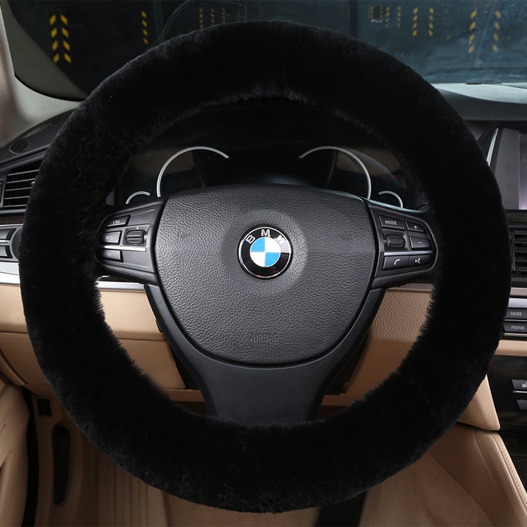 Generic New car wool steering wheel cover wool short plush cute wool car handle cover winter handle cover fur one Black 