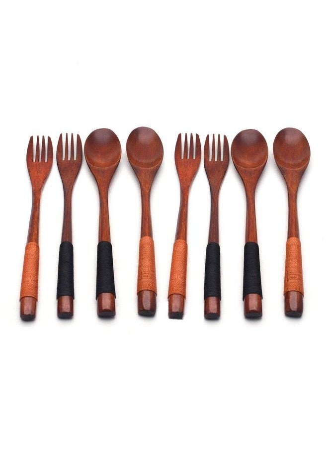 XMHF Wooden 9 Inch Japanese Spoon Fork Set Kitchen Tableware Dinnerware Flatware Natural Wood Cutlery Wooden Dinner Utensil Set 4 Spoons And 4 Forks (Black And Brown Tied Line)  - Image 1