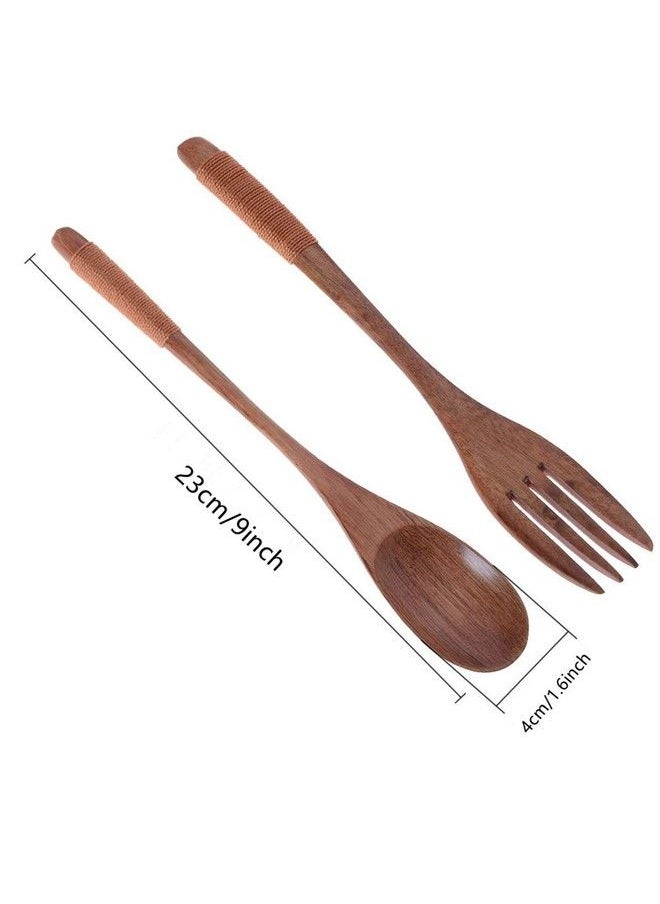 XMHF Wooden 9 Inch Japanese Spoon Fork Set Kitchen Tableware Dinnerware Flatware Natural Wood Cutlery Wooden Dinner Utensil Set 4 Spoons And 4 Forks (Black And Brown Tied Line)  - Image 3