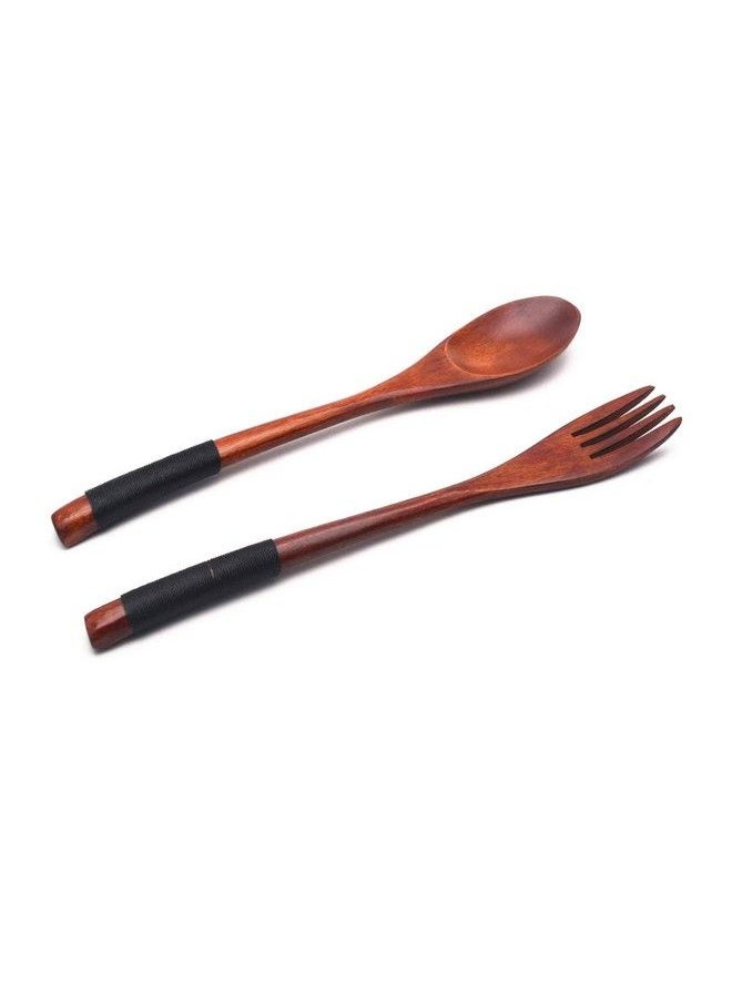 XMHF Wooden 9 Inch Japanese Spoon Fork Set Kitchen Tableware Dinnerware Flatware Natural Wood Cutlery Wooden Dinner Utensil Set 4 Spoons And 4 Forks (Black And Brown Tied Line)  - Image 4