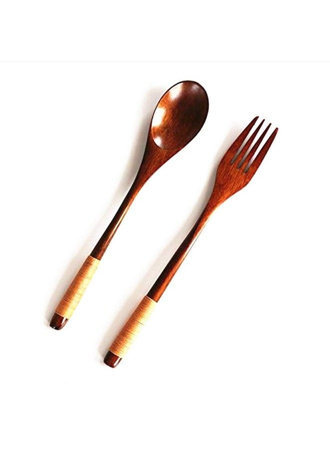 XMHF Wooden 9 Inch Japanese Spoon Fork Set Kitchen Tableware Dinnerware Flatware Natural Wood Cutlery Wooden Dinner Utensil Set 4 Spoons And 4 Forks (Black And Brown Tied Line)  - Image 5