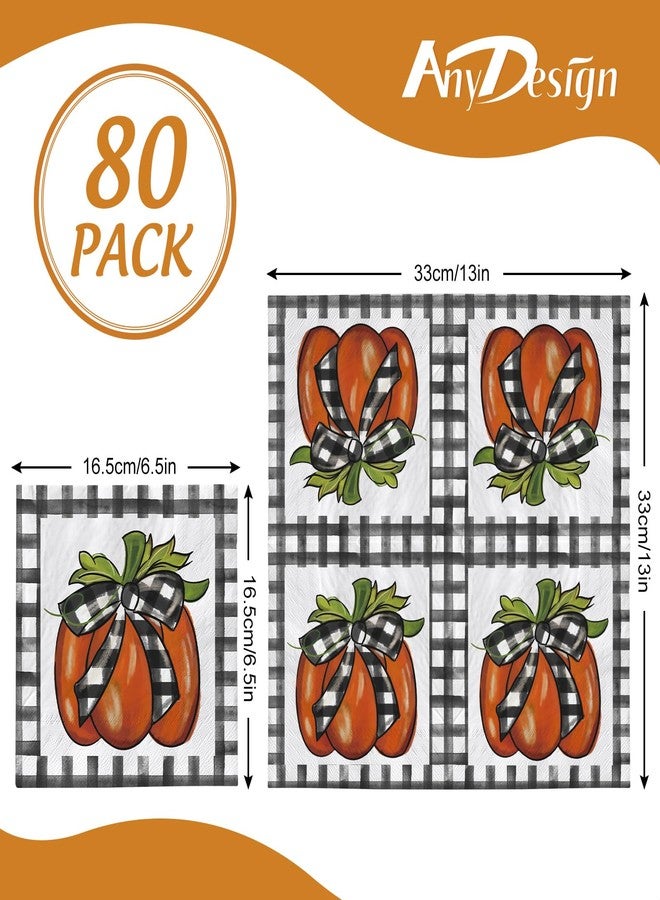 AnyDesign 80 Pack Fall Pumpkin Paper Napkin Disposable Buffalo Plaids Pumpkin Luncheon Napkin Autumn Dessert Dinner Hand Napkin for Thanksgiving Buffet Party Supplies, 6.5 x 6.5 Inch, A1573, White - Image 2