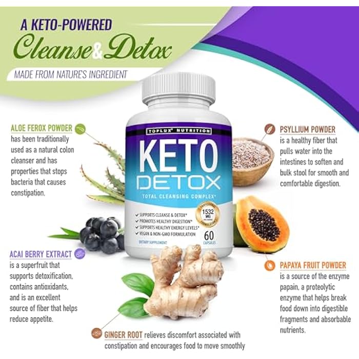 Toplux Keto Detox Pills Advanced Cleansing Extract – 1532 Mg Natural Acai Colon Cleanser Formula, Flush Toxins & Excess Waste, for Men Women, 60 Capsules, Supplement - Image 4