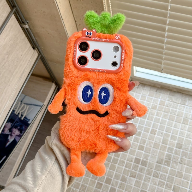 Purple Cute Cartoon Carrot Eggplant Plush Phone Case For iPhone 15 Plus - Image 4
