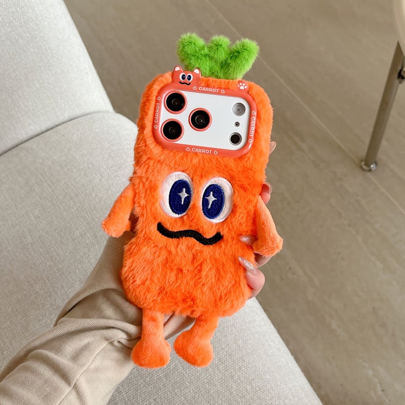 Purple Cute Cartoon Carrot Eggplant Plush Phone Case For iPhone 15 Plus - Image 1