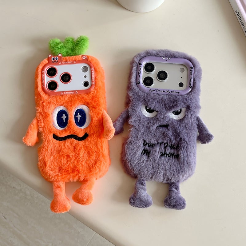 Purple Cute Cartoon Carrot Eggplant Plush Phone Case For iPhone 15 Plus - Image 2