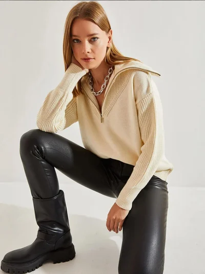 Bianco Lucci LUCCI Zipper Collar Knit Sweater