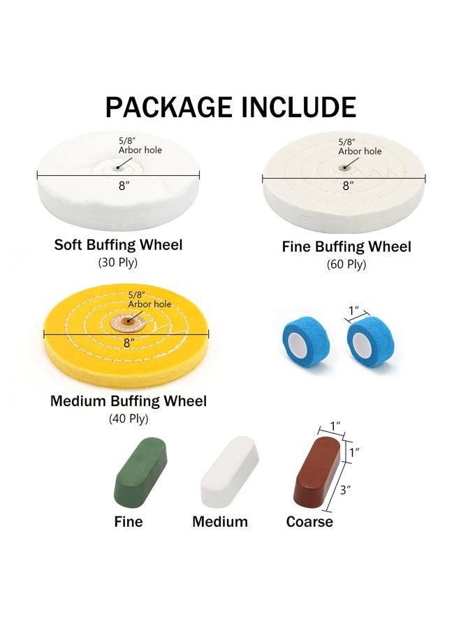 SCOTTCHEN 8inch Buffing Polishing Wheels 5/8" Arbor Hole,Soft/Fine/Medium for Bench Grinder-3PCS,with Buffing Polishing Cutting Compounds 7.4 Oz.Kit,with 2 Pack Non-Woven Bandage Wrap - Image 2