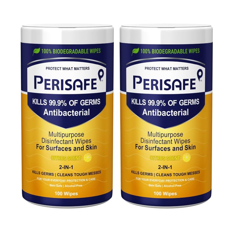 PERISAFE Multipurpose Disinfectant Wipes For Surfaces & Skin-100x2=200 Wipes | 100% Biodegradable Wipe | Antibacterial | 2-IN-1- Kills Germs & Cleans Tough Messes - Image 1