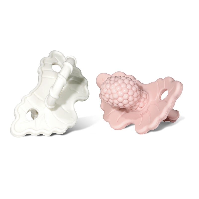 RaZbaby RaZberry Silicone Teether Pacifier Teething Relief for Infants FoodGrade BPAFree HandsFree Natural Berrybumps Fruit Texture for Sensory Development Freezable 2Pack Pink White