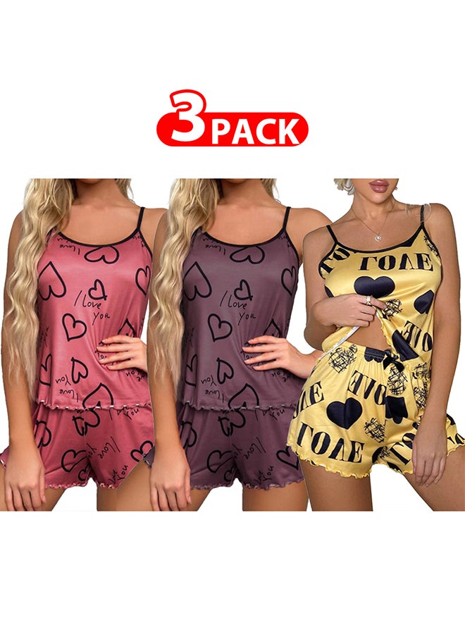 MARGOUN 3 Pack Women's XL Size 2 Pieces Heart Graphic Print Satin Lounge Set Sleeveless Binding Trim Cami Top and Shorts Pajama Set /XL Bust:98cm Waist:80cm Pants Length:34cm - Image 1