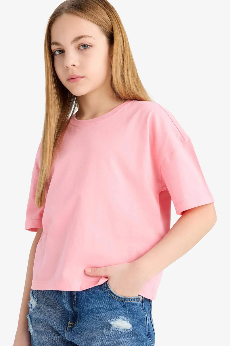 ديفاكتو Girl Relax Fit Crew Neck Basic Short Sleeve T-Shirt