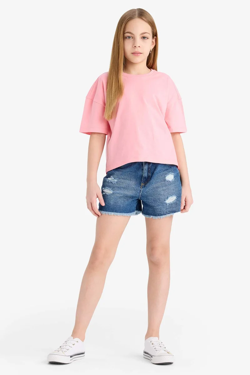 ديفاكتو Girl Relax Fit Crew Neck Basic Short Sleeve T-Shirt