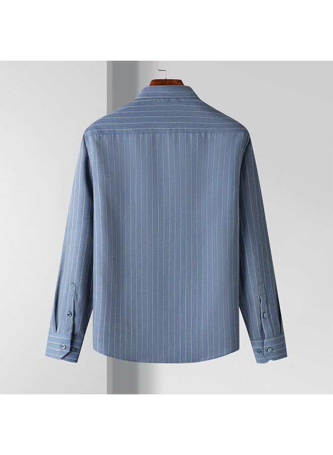 ROMON Brushed And Thickened】men's Business Shirt With Sturdy Stripes, Long Sleeve Warmth And Drape Fit Men's Dress Shirt - Image 3