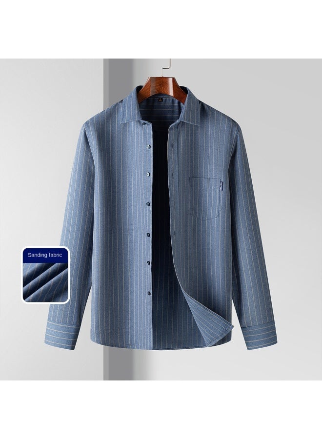 ROMON Brushed And Thickened】men's Business Shirt With Sturdy Stripes, Long Sleeve Warmth And Drape Fit Men's Dress Shirt - Image 1