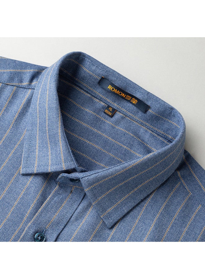 ROMON Brushed And Thickened】men's Business Shirt With Sturdy Stripes, Long Sleeve Warmth And Drape Fit Men's Dress Shirt - Image 4