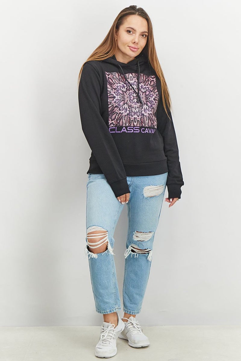 Cavalli Class Women Textured Long Sleeve Hoodie, Black - Image 3
