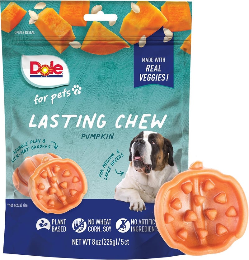 Dole for Pets Freshly Fetched Lasting Chew, Pumpkin Flavor Dog Treats, 8oz, 5ct | Flavored with Real Veggies, No Wheat, Corn, Soy, Artificial Flavors, Colors, Preservatives, or Animal Products - Image 1