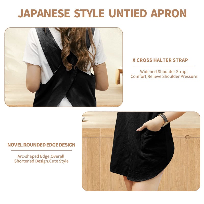 KKTOCHVC Shortened Design Apron  Japanese Style Soft Cotton Linen Apron with Two Side Pockets  X Cross Halter Apron  Kitchen Cooking Clothes Gift for Women DIY Project  Crafting  Cooking  Baking(Black) - Image 3