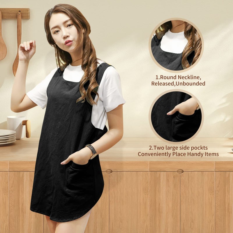 KKTOCHVC Shortened Design Apron  Japanese Style Soft Cotton Linen Apron with Two Side Pockets  X Cross Halter Apron  Kitchen Cooking Clothes Gift for Women DIY Project  Crafting  Cooking  Baking(Black) - Image 1