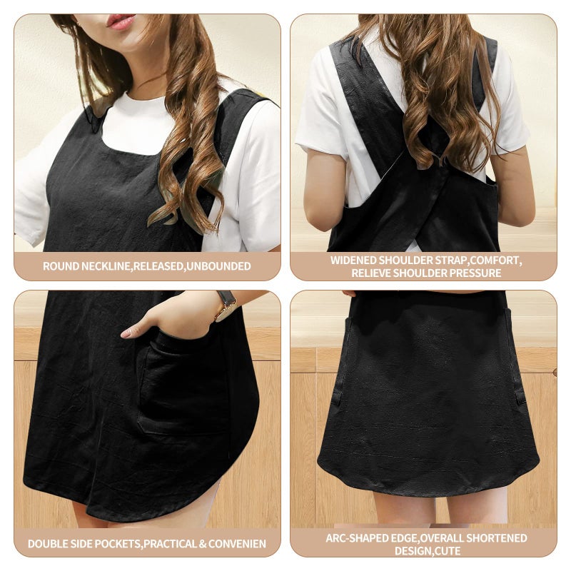 KKTOCHVC Shortened Design Apron  Japanese Style Soft Cotton Linen Apron with Two Side Pockets  X Cross Halter Apron  Kitchen Cooking Clothes Gift for Women DIY Project  Crafting  Cooking  Baking(Black) - Image 2