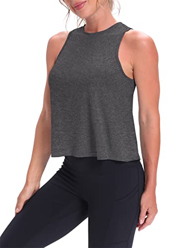Mippo Workout Tops for Women High Neck Tank Cropped Workout Top Womens Muscle Tank Athletic Tshirts Crop Tees Heather Gray S - Image 5