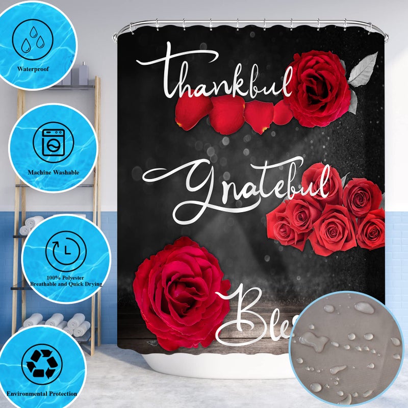 Hadint 4Pcs Red Rose Shower Curtain Sets, Thankful Grateful Blessed Bathroom Curtain with Non-Slip Rug, Toilet Lid Cover, Bath Mat and 12 Hooks, Romantic Showy Floral Wedding Decor for Bath, 72 x 72 inch - Image 5