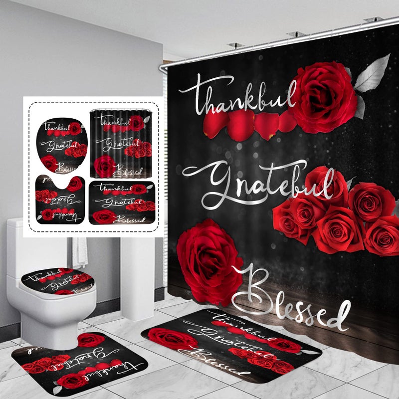 Hadint 4Pcs Red Rose Shower Curtain Sets, Thankful Grateful Blessed Bathroom Curtain with Non-Slip Rug, Toilet Lid Cover, Bath Mat and 12 Hooks, Romantic Showy Floral Wedding Decor for Bath, 72 x 72 inch - Image 1