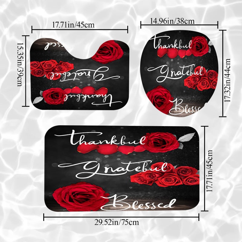 Hadint 4Pcs Red Rose Shower Curtain Sets, Thankful Grateful Blessed Bathroom Curtain with Non-Slip Rug, Toilet Lid Cover, Bath Mat and 12 Hooks, Romantic Showy Floral Wedding Decor for Bath, 72 x 72 inch - Image 3