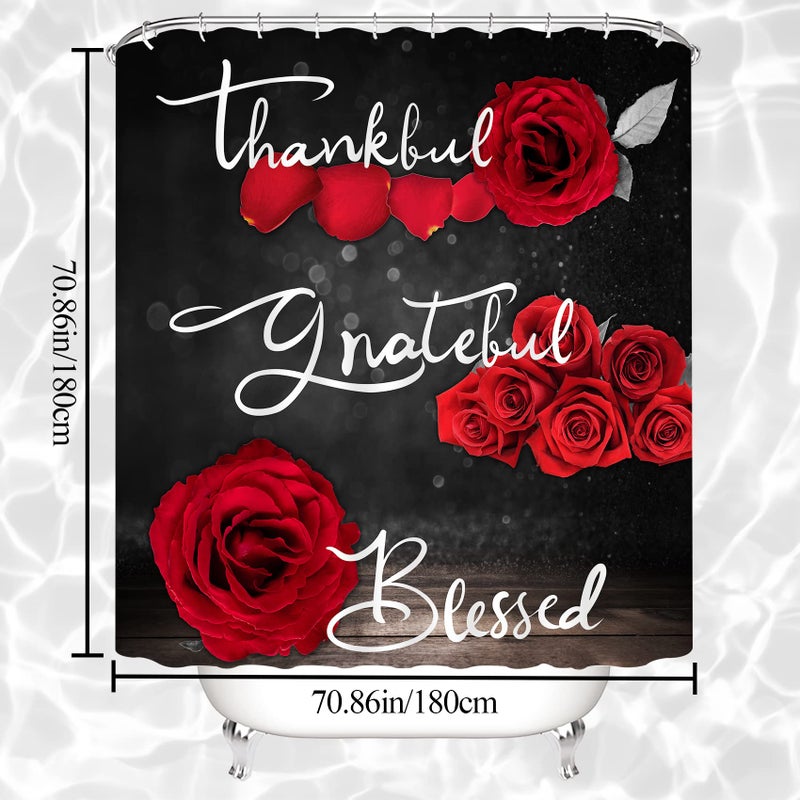 Hadint 4Pcs Red Rose Shower Curtain Sets, Thankful Grateful Blessed Bathroom Curtain with Non-Slip Rug, Toilet Lid Cover, Bath Mat and 12 Hooks, Romantic Showy Floral Wedding Decor for Bath, 72 x 72 inch - Image 2