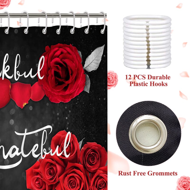 Hadint 4Pcs Red Rose Shower Curtain Sets, Thankful Grateful Blessed Bathroom Curtain with Non-Slip Rug, Toilet Lid Cover, Bath Mat and 12 Hooks, Romantic Showy Floral Wedding Decor for Bath, 72 x 72 inch - Image 4