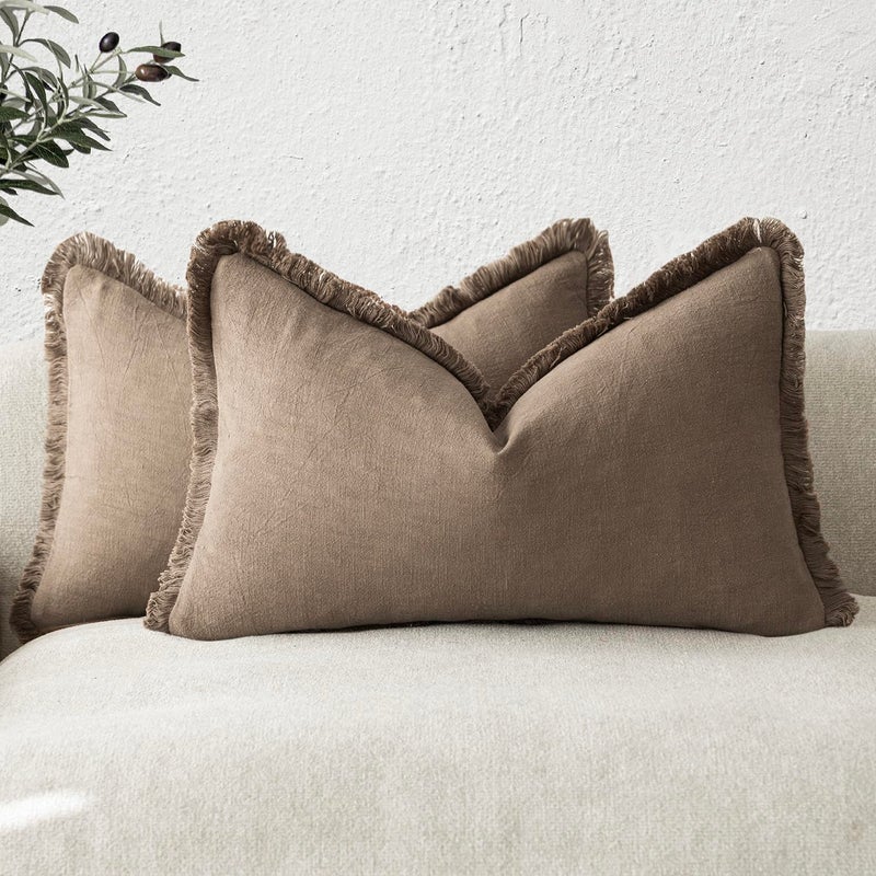 Foindtower Set of 2 Decorative Linen Fringe Lumbar Throw Pillow Covers Boho Farmhouse Cushion Cover with Tassels Soft Accent Pillowcase for Couch Sofa Bed Living Room Home Decor1220 InchLight Brown