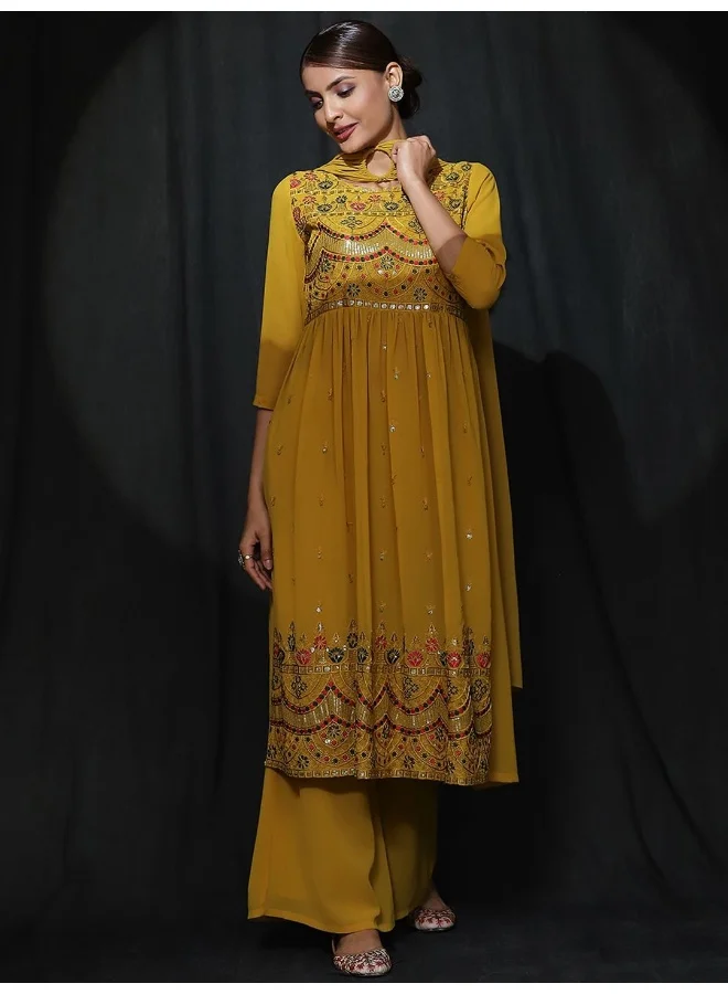 AKS AKS Couture Ethnic Motifs Embroidered A-Line Sequinned Kurta With Palazzos & Dupatta
