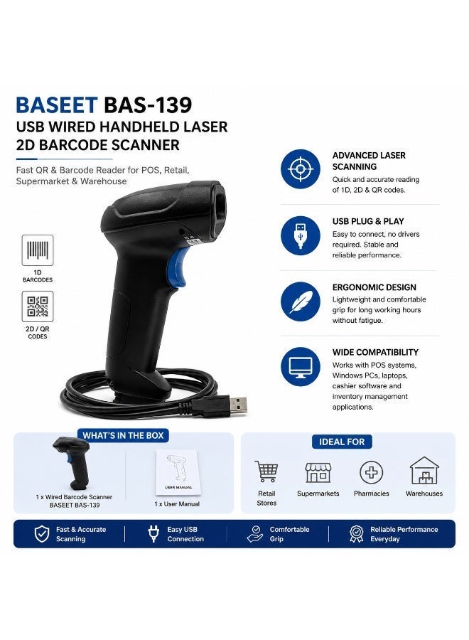 BASEET BAS-139 Wired USB 2D Barcode Scanner Handheld Laser Reader for Retail POS, Supermarket, Pharmacy & Warehouse Use - Image 3