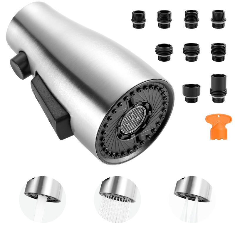 ARCORA Kitchen Faucet Spray Head Brushed Nickel 3Function Kitchen Sink Spray Nozzle with 9 Adapters Kitchen Faucet Head Replacement Compatible with Moen Delta American Standard Faucets