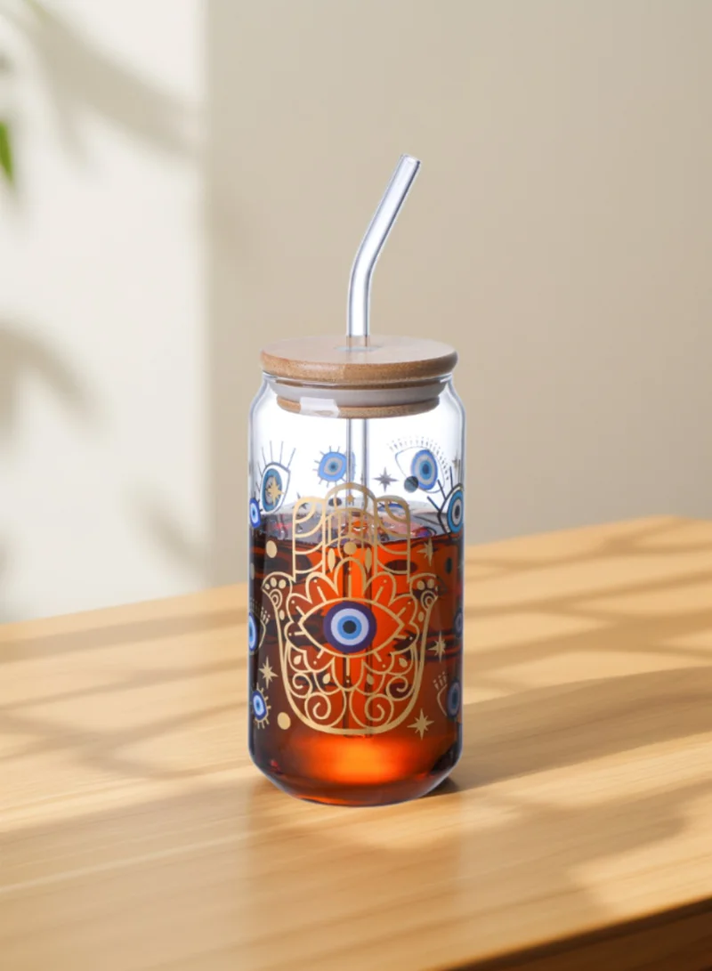 1Chase Evil Eye Borosilicate Sipper Glasses – Set of 2, 550ML Can-Shaped Glasses with Bamboo Lids & Glass Straws
