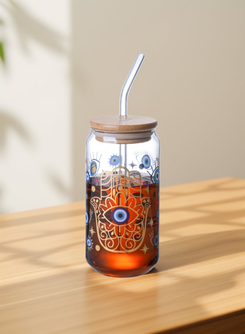 1Chase Evil Eye Borosilicate Sipper Glasses – Set of 2, 550ML Can-Shaped Glasses with Bamboo Lids & Glass Straws - Image 3