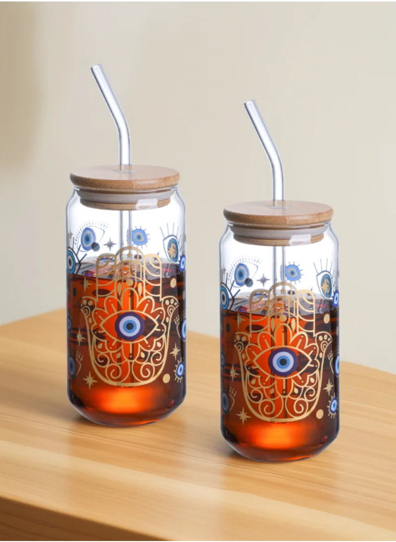 1Chase Evil Eye Borosilicate Sipper Glasses – Set of 2, 550ML Can-Shaped Glasses with Bamboo Lids & Glass Straws