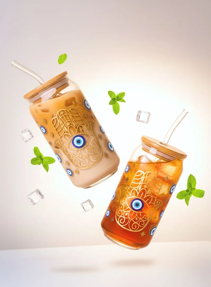 1Chase Evil Eye Borosilicate Sipper Glasses – Set of 2, 550ML Can-Shaped Glasses with Bamboo Lids & Glass Straws