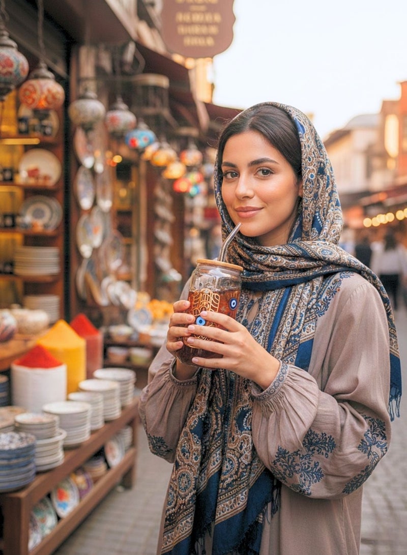 1Chase Evil Eye Borosilicate Sipper Glasses – Set of 2, 550ML Can-Shaped Glasses with Bamboo Lids & Glass Straws - Image 3