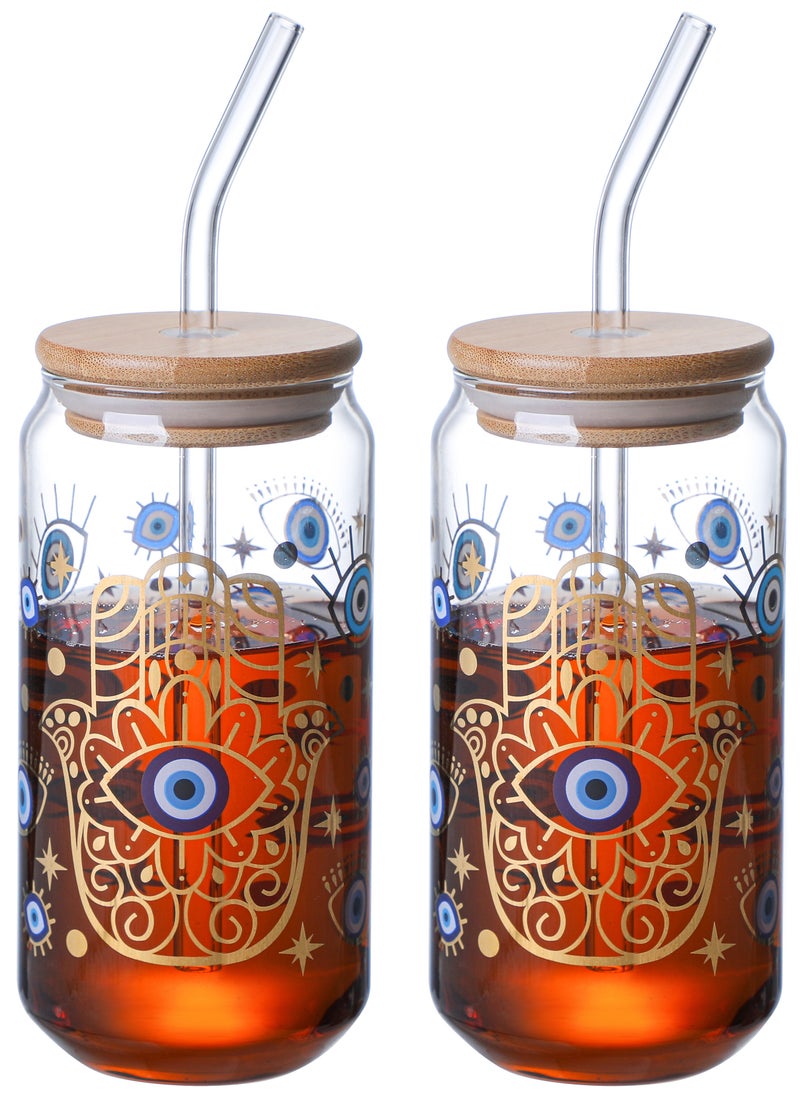 Borosilicate Evil Eye Printed Drinking Glasses With Bamboo Lid and Glass Straw, 550ML (Set of 2) - pzsku/Z842D7B563D7CA29EC70EZ/45/_/1710330806/2d51b3c1-c1fd-4e76-b0e7-76360c23506c