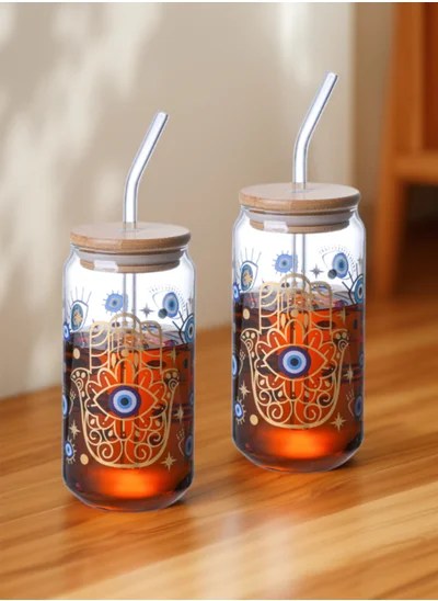 1Chase Borosilicate Evil Eye Printed Drinking Glasses With Bamboo Lid and Glass Straw, 550ML (Set of 2)
