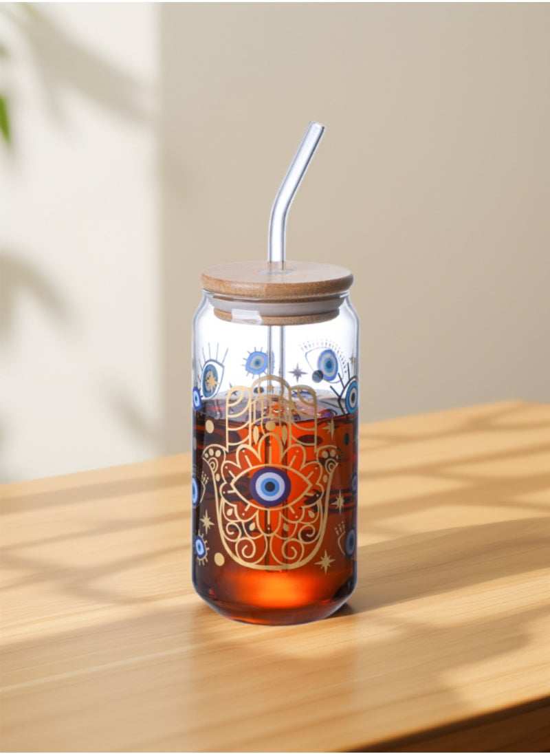 1Chase - Borosilicate Evil Eye Printed Drinking Glasses With Bamboo Lid and Glass Straw, 550ML (Set of 2) - Image 1