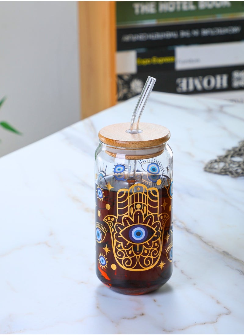 1Chase - Borosilicate Evil Eye Printed Drinking Glasses With Bamboo Lid and Glass Straw, 550ML (Set of 2) - Image 1