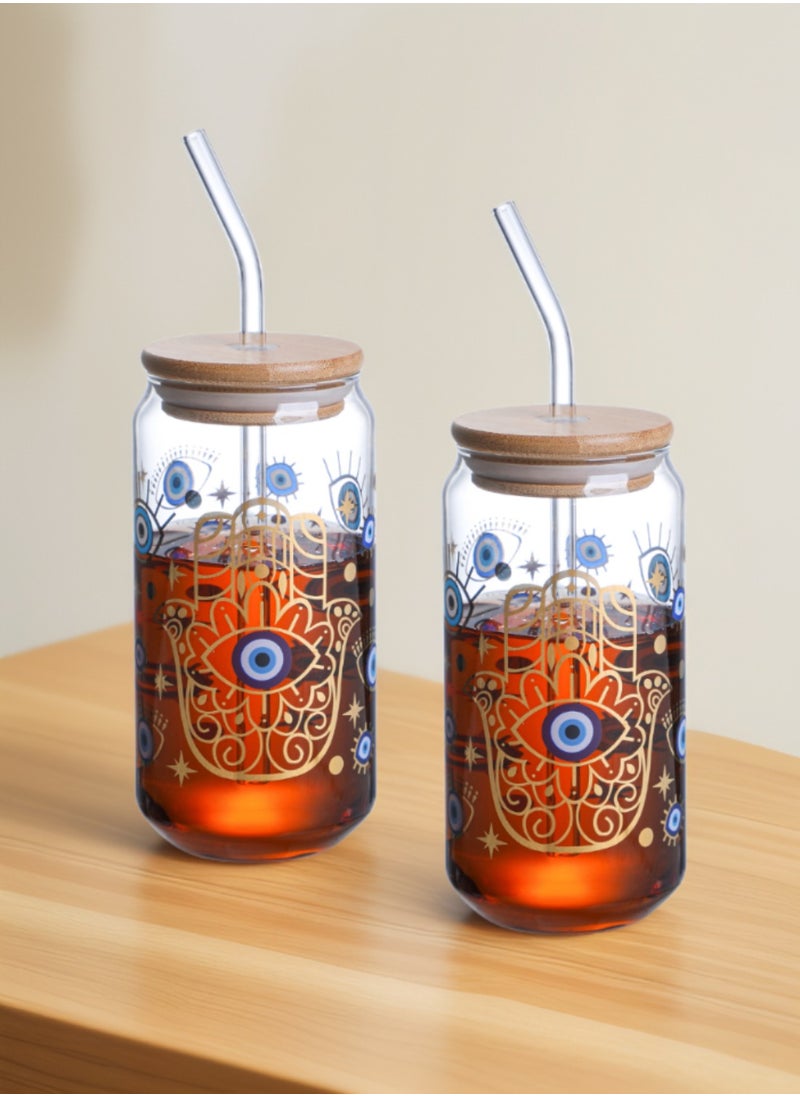 1Chase - Borosilicate Evil Eye Printed Drinking Glasses With Bamboo Lid and Glass Straw, 550ML (Set of 2) - Image 1